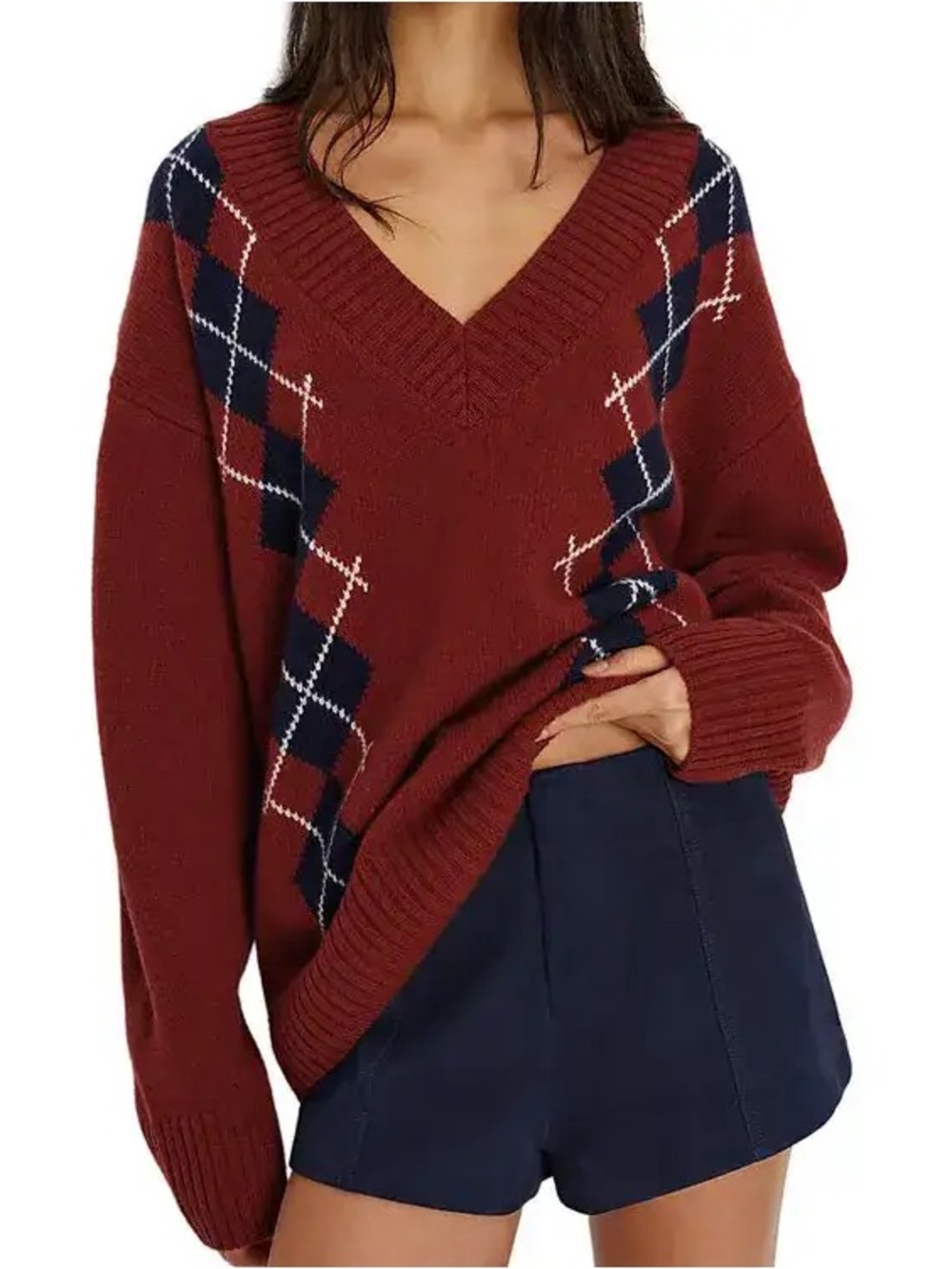 Reformation Women's Red Jadey Cashmere Oversized V-Neck Sweater Argyle